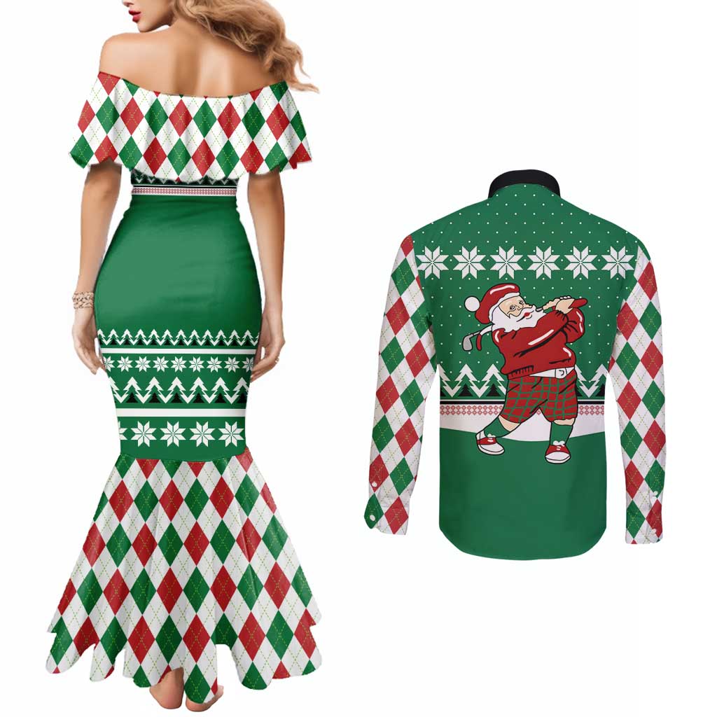 Golfer Santa Christmas Couples Matching Mermaid Dress and Long Sleeve Button Shirt Xmas Holiday Patterns - Wonder Print Shop
