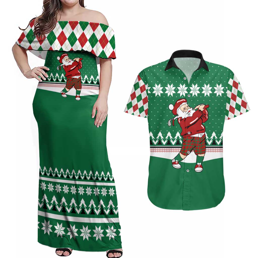 Golfer Santa Christmas Couples Matching Off Shoulder Maxi Dress and Hawaiian Shirt Xmas Holiday Patterns - Wonder Print Shop