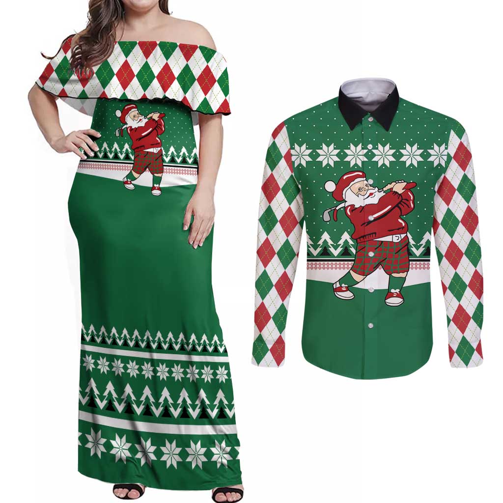 Golfer Santa Christmas Couples Matching Off Shoulder Maxi Dress and Long Sleeve Button Shirt Xmas Holiday Patterns - Wonder Print Shop