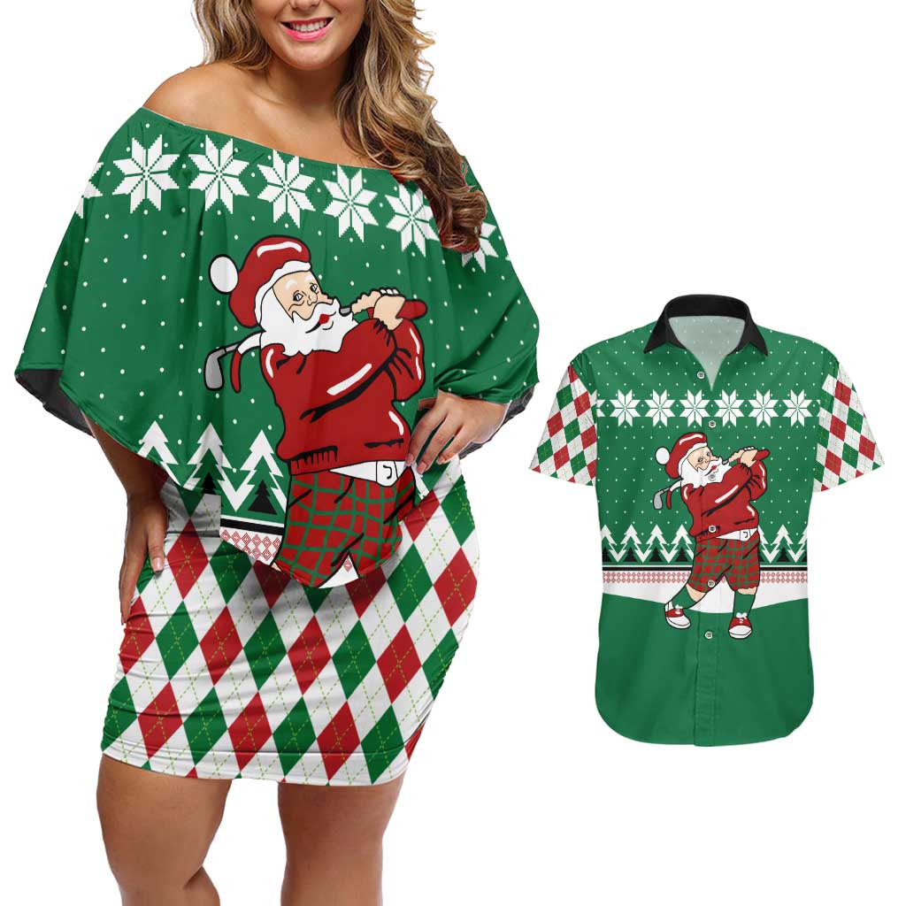 Golfer Santa Christmas Couples Matching Off Shoulder Short Dress and Hawaiian Shirt Xmas Holiday Patterns - Wonder Print Shop