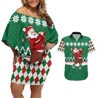 Golfer Santa Christmas Couples Matching Off Shoulder Short Dress and Hawaiian Shirt Xmas Holiday Patterns - Wonder Print Shop