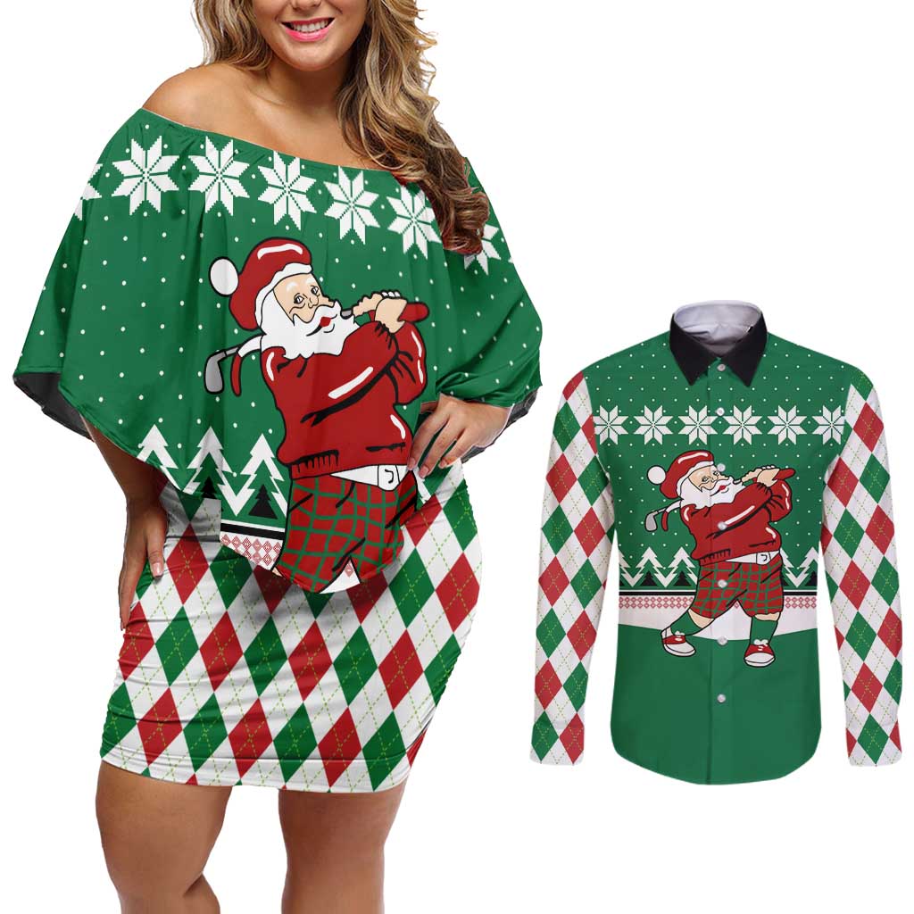 Golfer Santa Christmas Couples Matching Off Shoulder Short Dress and Long Sleeve Button Shirt Xmas Holiday Patterns - Wonder Print Shop