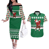 Golfer Santa Christmas Couples Matching Off The Shoulder Long Sleeve Dress and Hawaiian Shirt Xmas Holiday Patterns - Wonder Print Shop