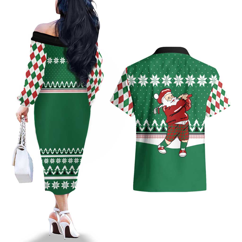 Golfer Santa Christmas Couples Matching Off The Shoulder Long Sleeve Dress and Hawaiian Shirt Xmas Holiday Patterns - Wonder Print Shop