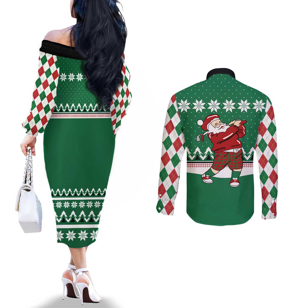 Golfer Santa Christmas Couples Matching Off The Shoulder Long Sleeve Dress and Long Sleeve Button Shirt Xmas Holiday Patterns - Wonder Print Shop