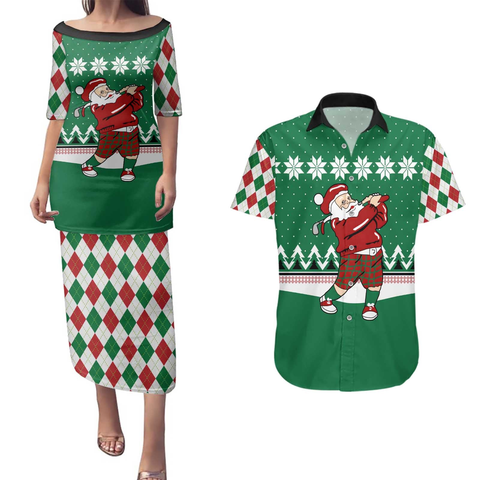 Golfer Santa Christmas Couples Matching Puletasi and Hawaiian Shirt Xmas Holiday Patterns - Wonder Print Shop