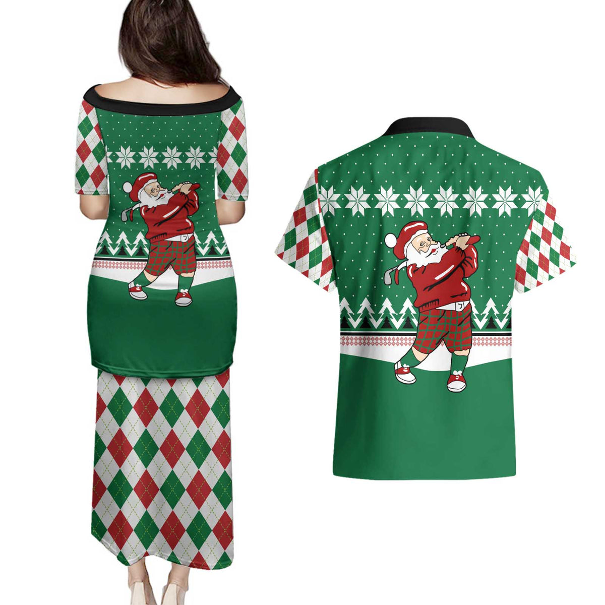 Golfer Santa Christmas Couples Matching Puletasi and Hawaiian Shirt Xmas Holiday Patterns - Wonder Print Shop