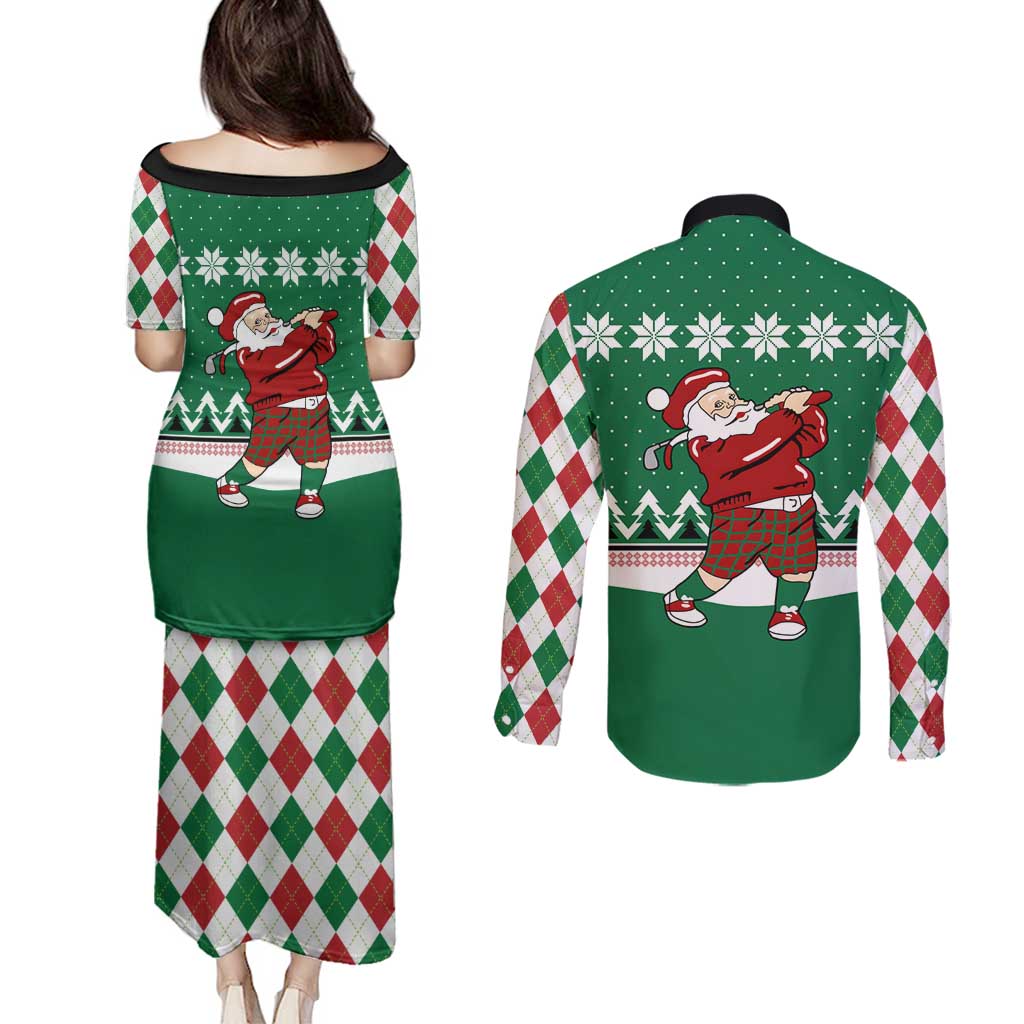 Golfer Santa Christmas Couples Matching Puletasi and Long Sleeve Button Shirt Xmas Holiday Patterns - Wonder Print Shop