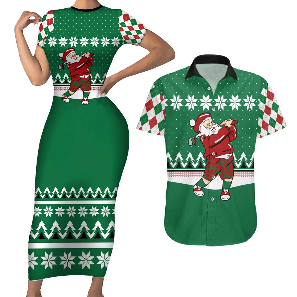Golfer Santa Christmas Couples Matching Short Sleeve Bodycon Dress and Hawaiian Shirt Xmas Holiday Patterns - Wonder Print Shop