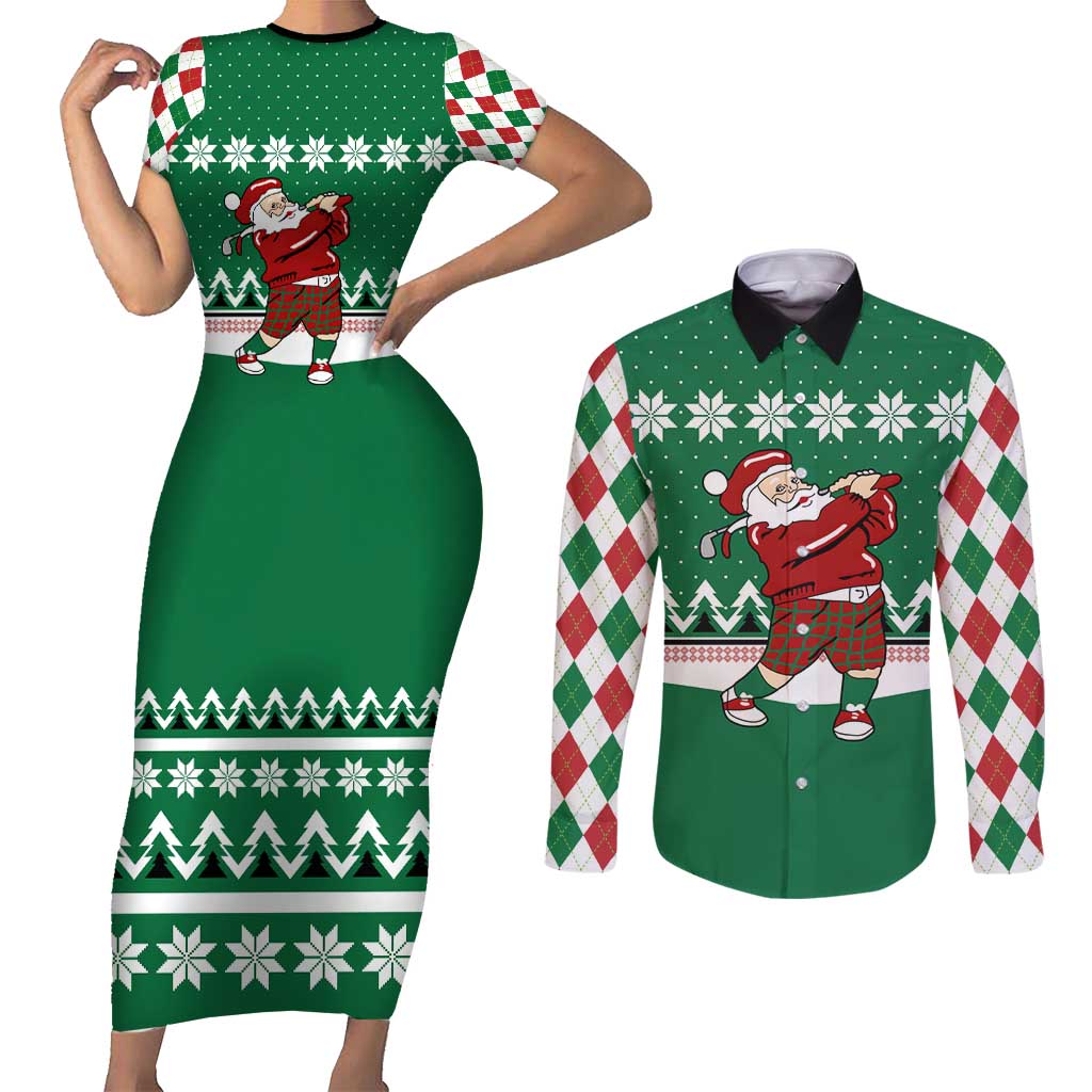 Golfer Santa Christmas Couples Matching Short Sleeve Bodycon Dress and Long Sleeve Button Shirt Xmas Holiday Patterns - Wonder Print Shop
