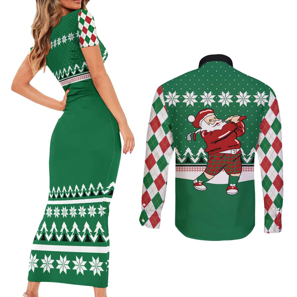 Golfer Santa Christmas Couples Matching Short Sleeve Bodycon Dress and Long Sleeve Button Shirt Xmas Holiday Patterns - Wonder Print Shop
