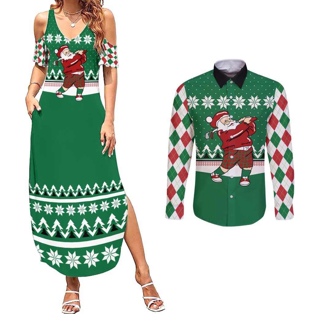 Golfer Santa Christmas Couples Matching Summer Maxi Dress and Long Sleeve Button Shirt Xmas Holiday Patterns - Wonder Print Shop