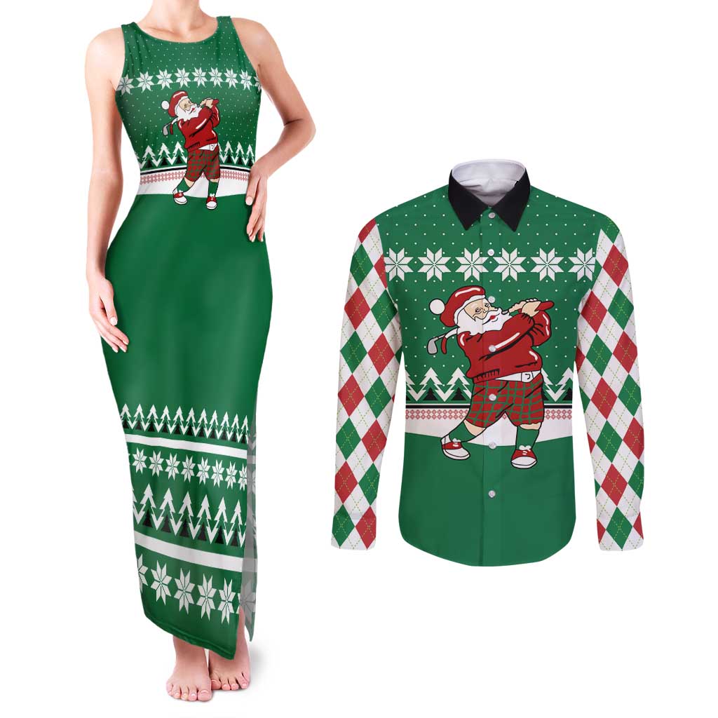 Golfer Santa Christmas Couples Matching Tank Maxi Dress and Long Sleeve Button Shirt Xmas Holiday Patterns - Wonder Print Shop