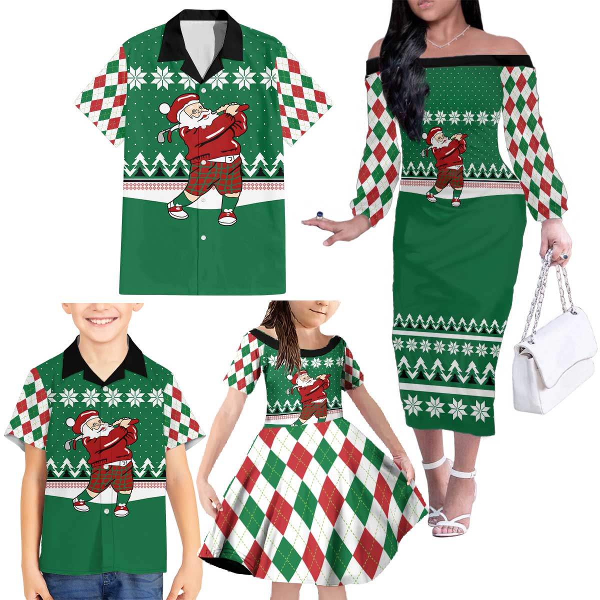 Golfer Santa Christmas Family Matching Off The Shoulder Long Sleeve Dress and Hawaiian Shirt Xmas Holiday Patterns - Wonder Print Shop