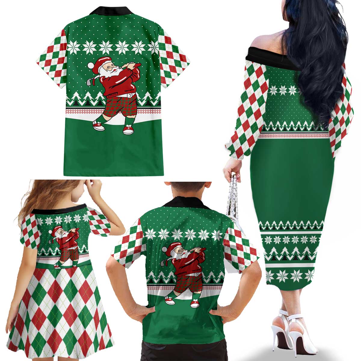 Golfer Santa Christmas Family Matching Off The Shoulder Long Sleeve Dress and Hawaiian Shirt Xmas Holiday Patterns - Wonder Print Shop