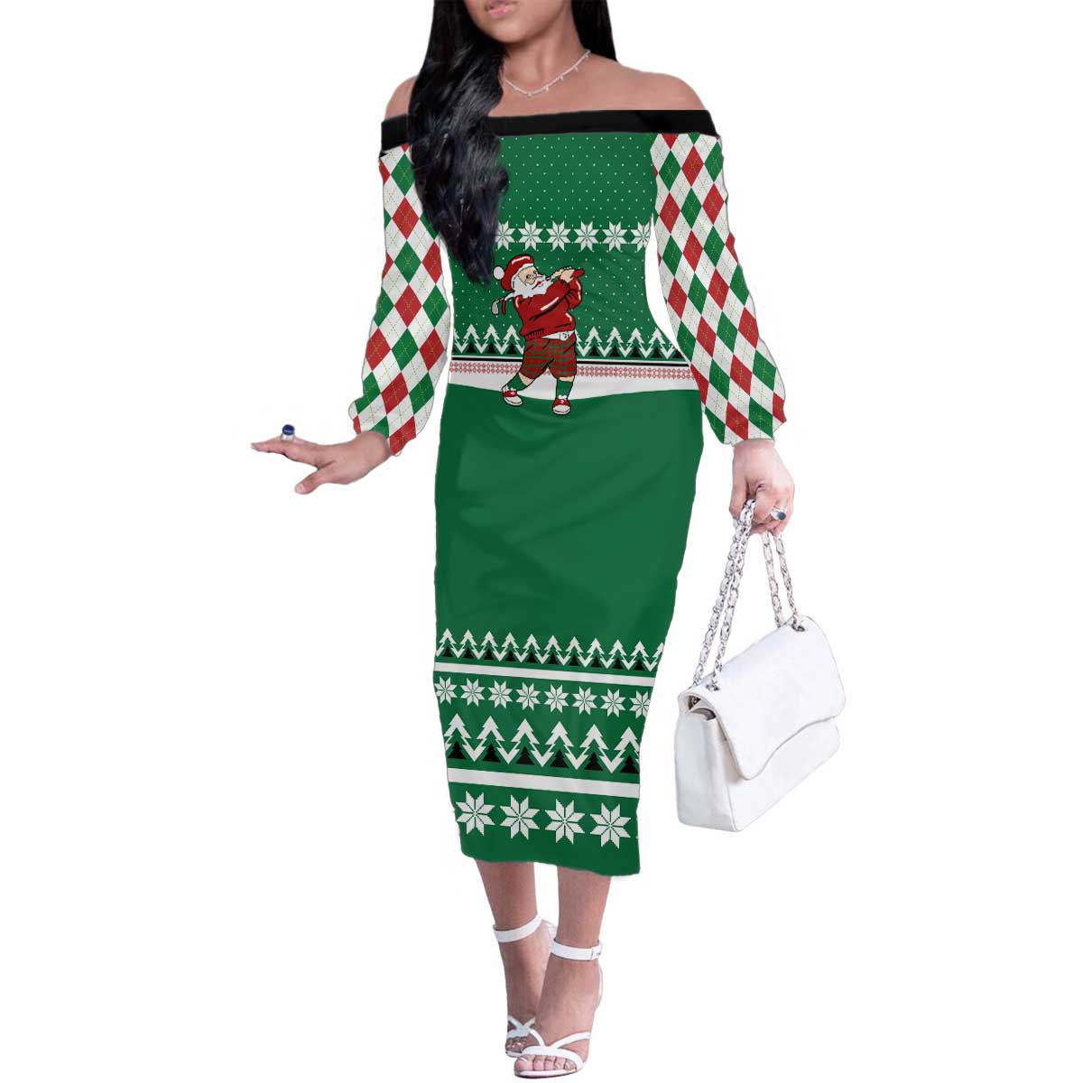 Golfer Santa Christmas Family Matching Off The Shoulder Long Sleeve Dress and Hawaiian Shirt Xmas Holiday Patterns - Wonder Print Shop
