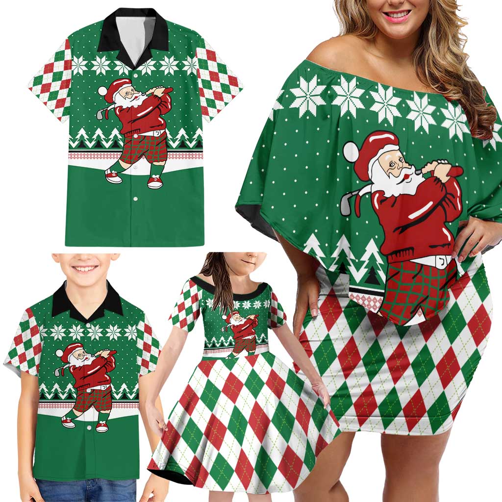Golfer Santa Christmas Family Matching Off Shoulder Short Dress and Hawaiian Shirt Xmas Holiday Patterns - Wonder Print Shop