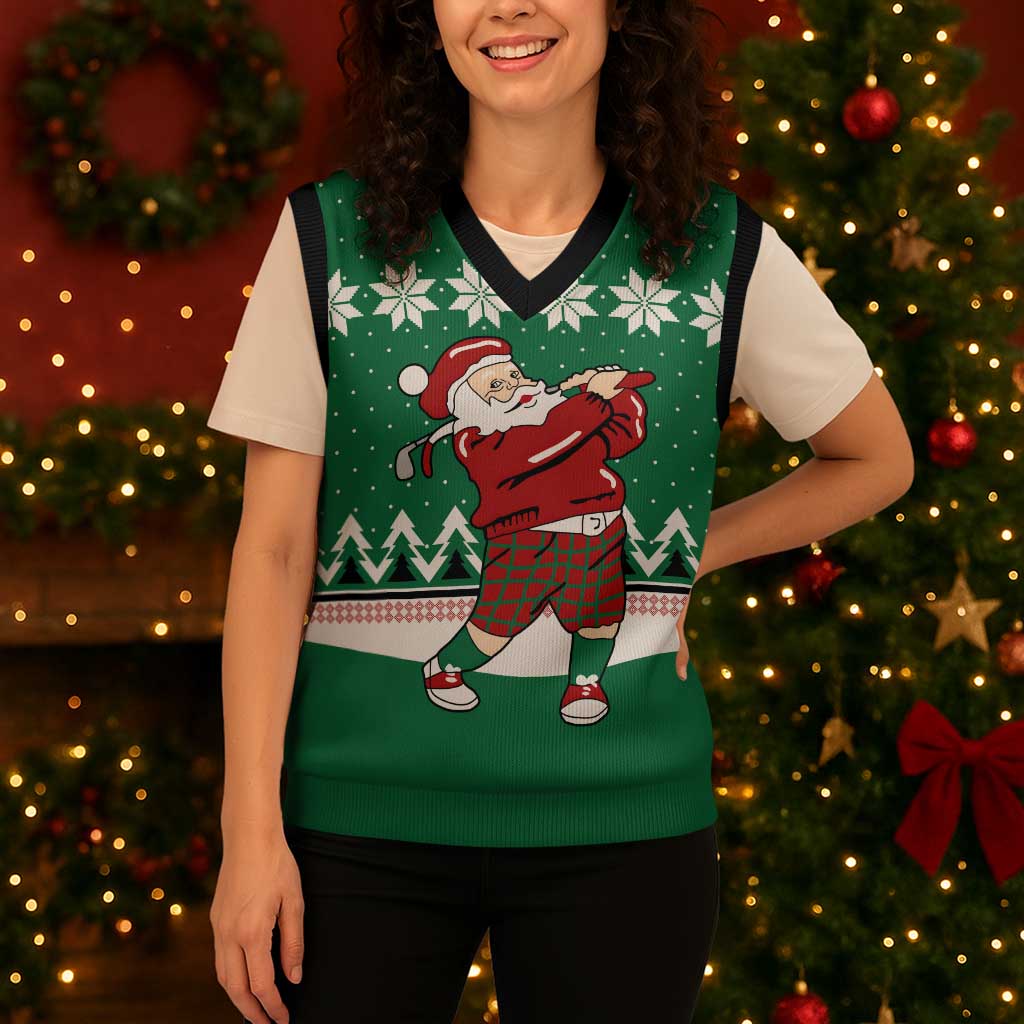 Golfer Santa Christmas Knitted V-Neck Vest Xmas Holiday Patterns - Wonder Print Shop