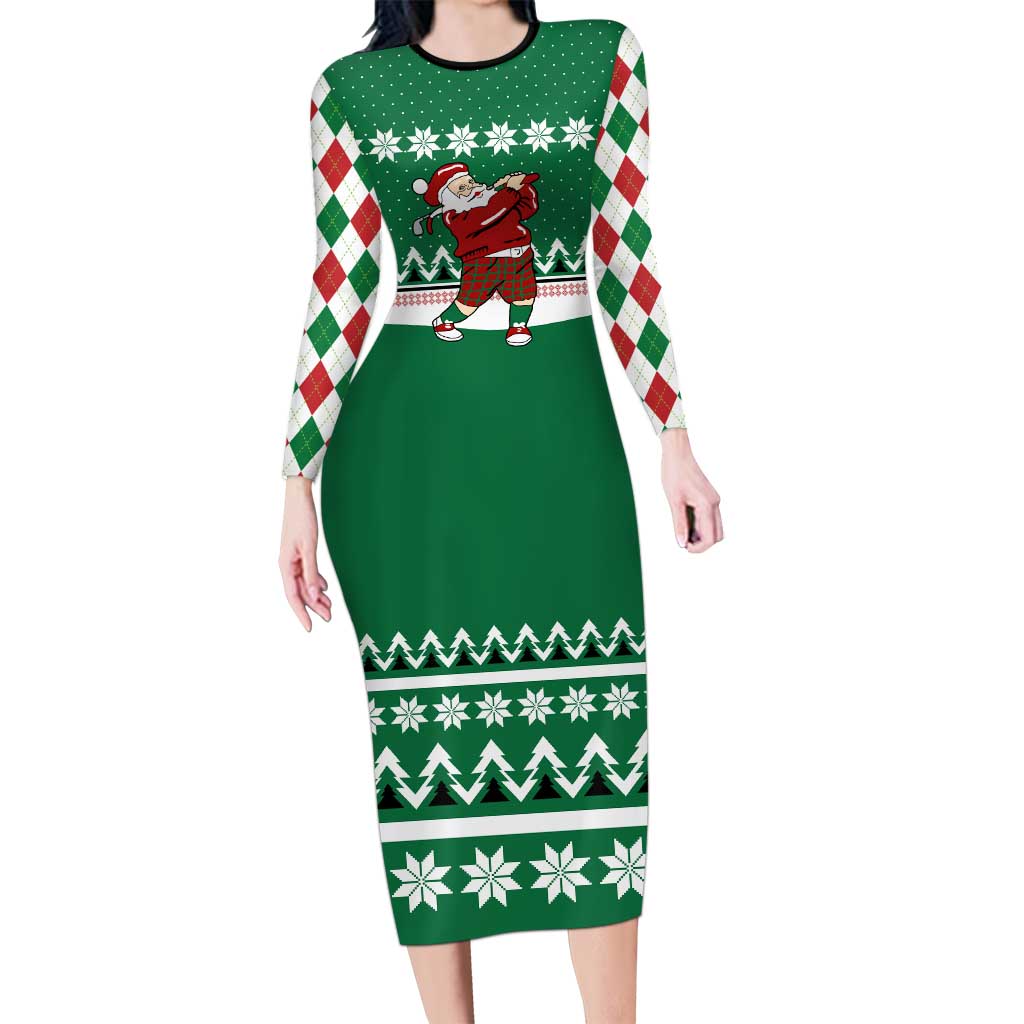 Golfer Santa Christmas Long Sleeve Bodycon Dress Xmas Holiday Patterns - Wonder Print Shop
