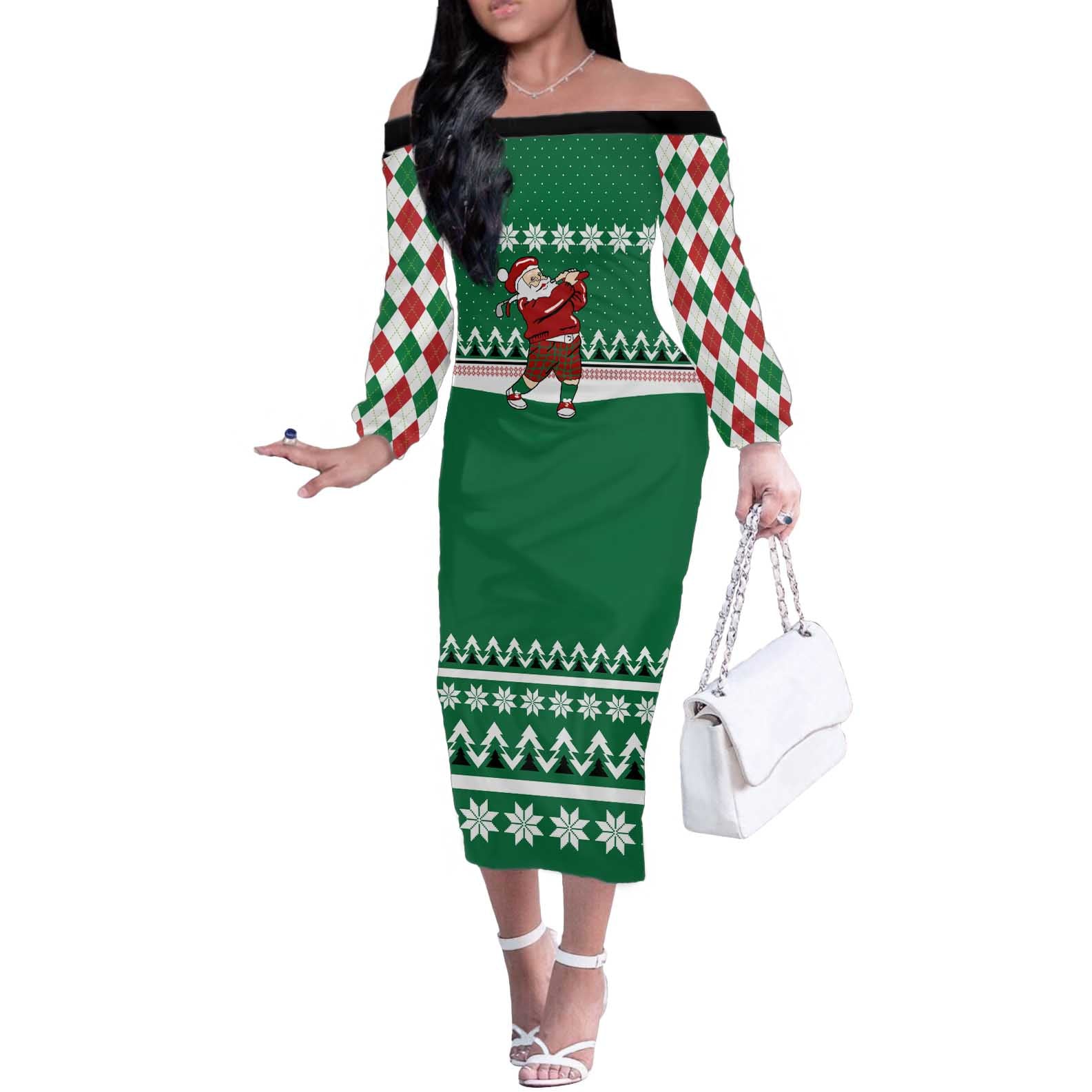 Golfer Santa Christmas Off The Shoulder Long Sleeve Dress Xmas Holiday Patterns - Wonder Print Shop