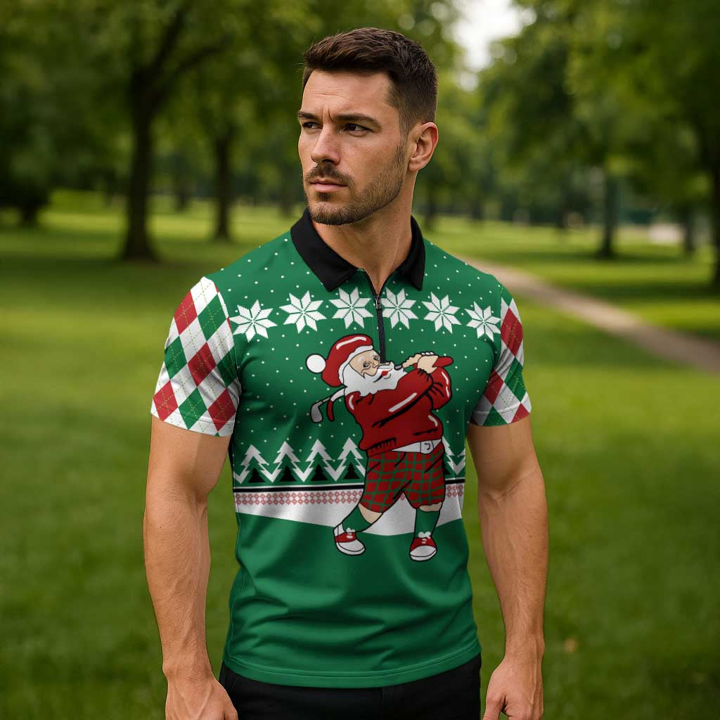 Golfer Santa Christmas Zipper Polo Shirt Xmas Holiday Patterns - Wonder Print Shop