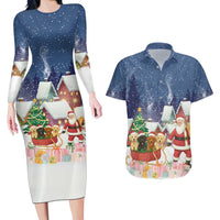 Labrador Retriever Santa Sled Christmas Couples Matching Long Sleeve Bodycon Dress and Hawaiian Shirt Funny Xmas Holiday Patterns - Wonder Print Shop