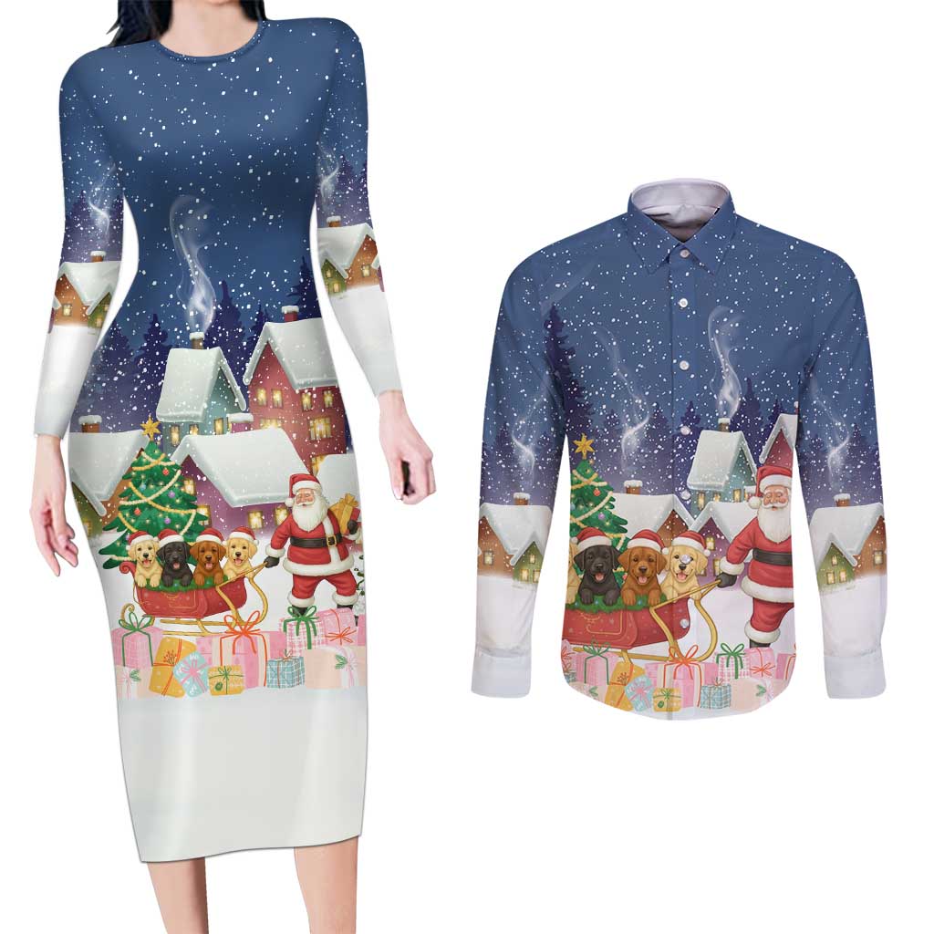 Labrador Retriever Santa Sled Christmas Couples Matching Long Sleeve Bodycon Dress and Long Sleeve Button Shirt Funny Xmas Holiday Patterns - Wonder Print Shop