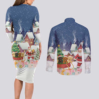 Labrador Retriever Santa Sled Christmas Couples Matching Long Sleeve Bodycon Dress and Long Sleeve Button Shirt Funny Xmas Holiday Patterns - Wonder Print Shop