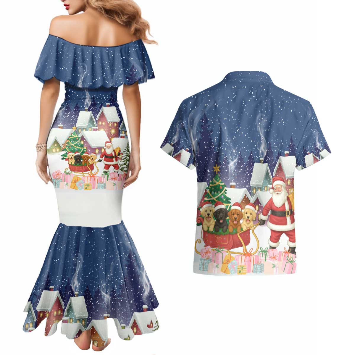 Labrador Retriever Santa Sled Christmas Couples Matching Mermaid Dress and Hawaiian Shirt Funny Xmas Holiday Patterns - Wonder Print Shop