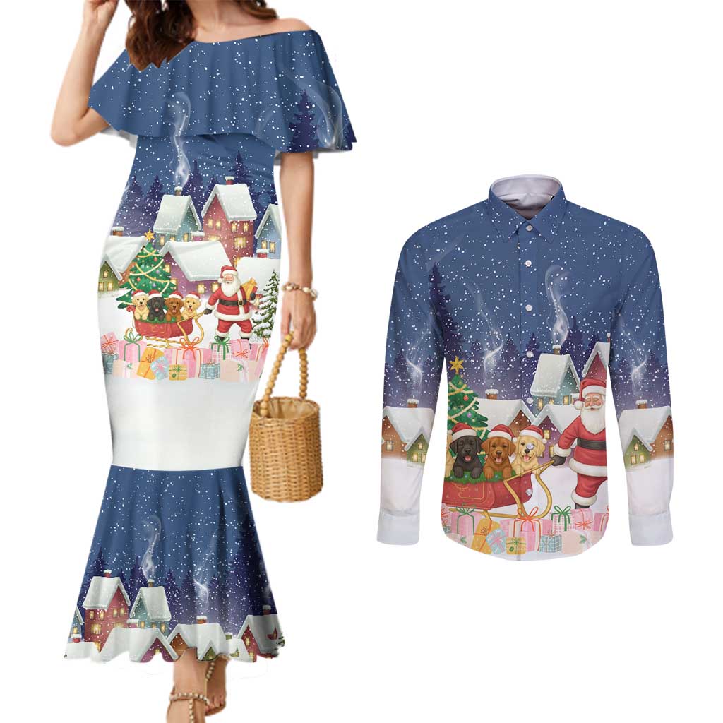 Labrador Retriever Santa Sled Christmas Couples Matching Mermaid Dress and Long Sleeve Button Shirt Funny Xmas Holiday Patterns - Wonder Print Shop