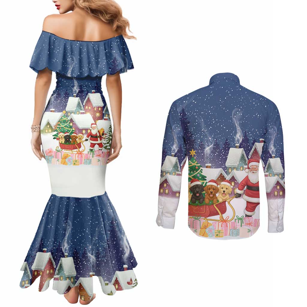 Labrador Retriever Santa Sled Christmas Couples Matching Mermaid Dress and Long Sleeve Button Shirt Funny Xmas Holiday Patterns - Wonder Print Shop