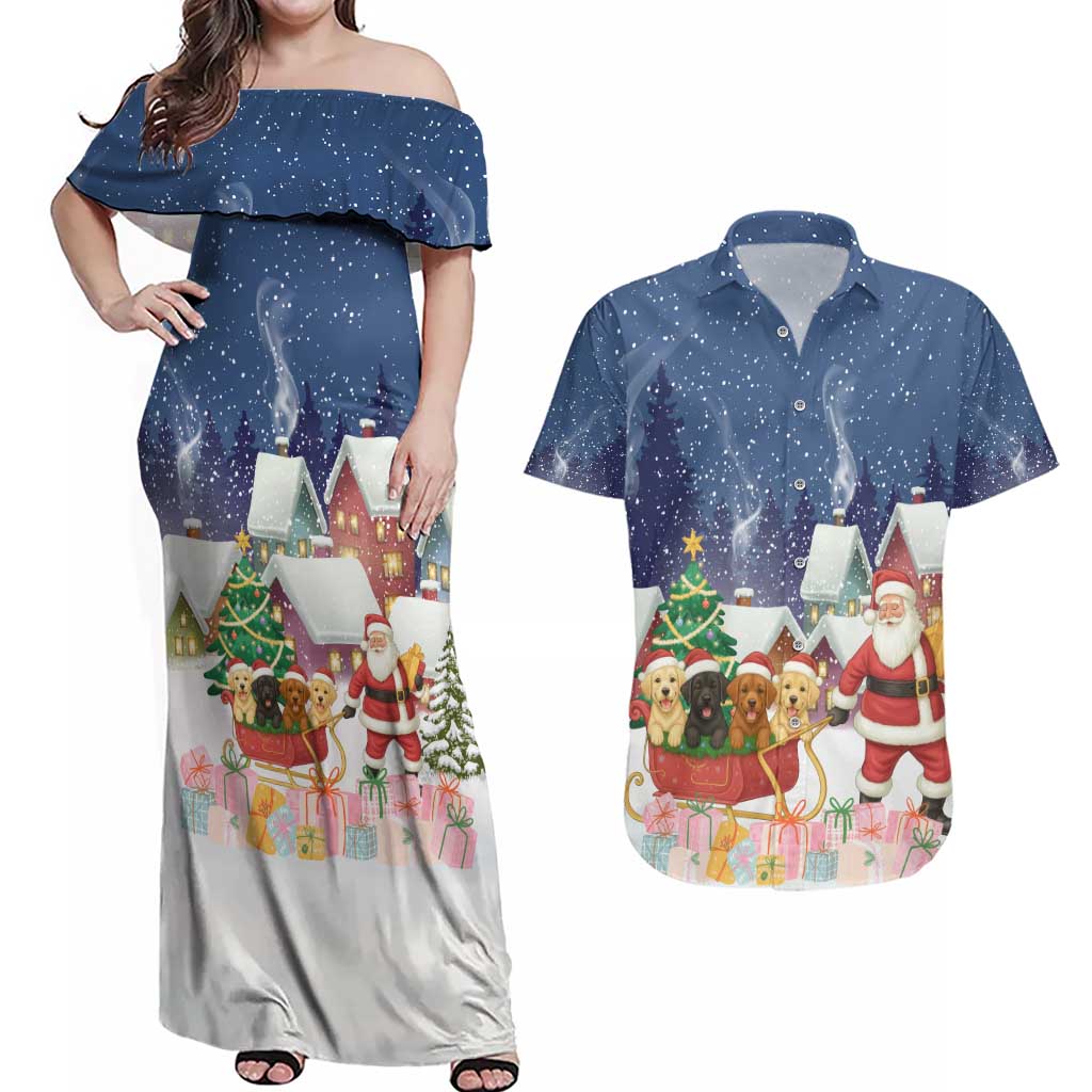 Labrador Retriever Santa Sled Christmas Couples Matching Off Shoulder Maxi Dress and Hawaiian Shirt Funny Xmas Holiday Patterns - Wonder Print Shop