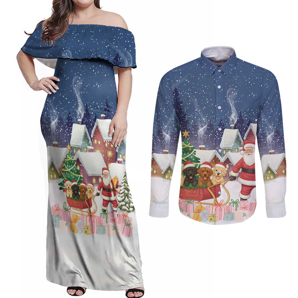 Labrador Retriever Santa Sled Christmas Couples Matching Off Shoulder Maxi Dress and Long Sleeve Button Shirt Funny Xmas Holiday Patterns - Wonder Print Shop