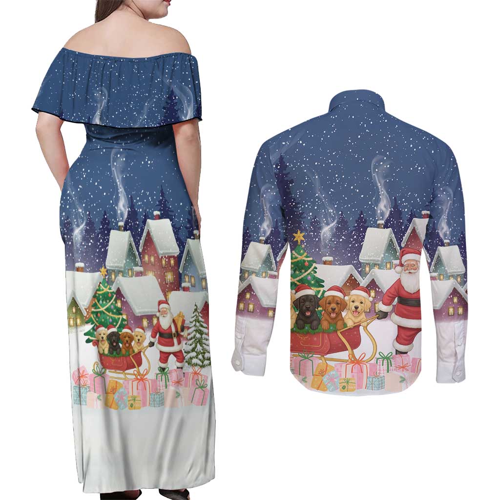 Labrador Retriever Santa Sled Christmas Couples Matching Off Shoulder Maxi Dress and Long Sleeve Button Shirt Funny Xmas Holiday Patterns - Wonder Print Shop
