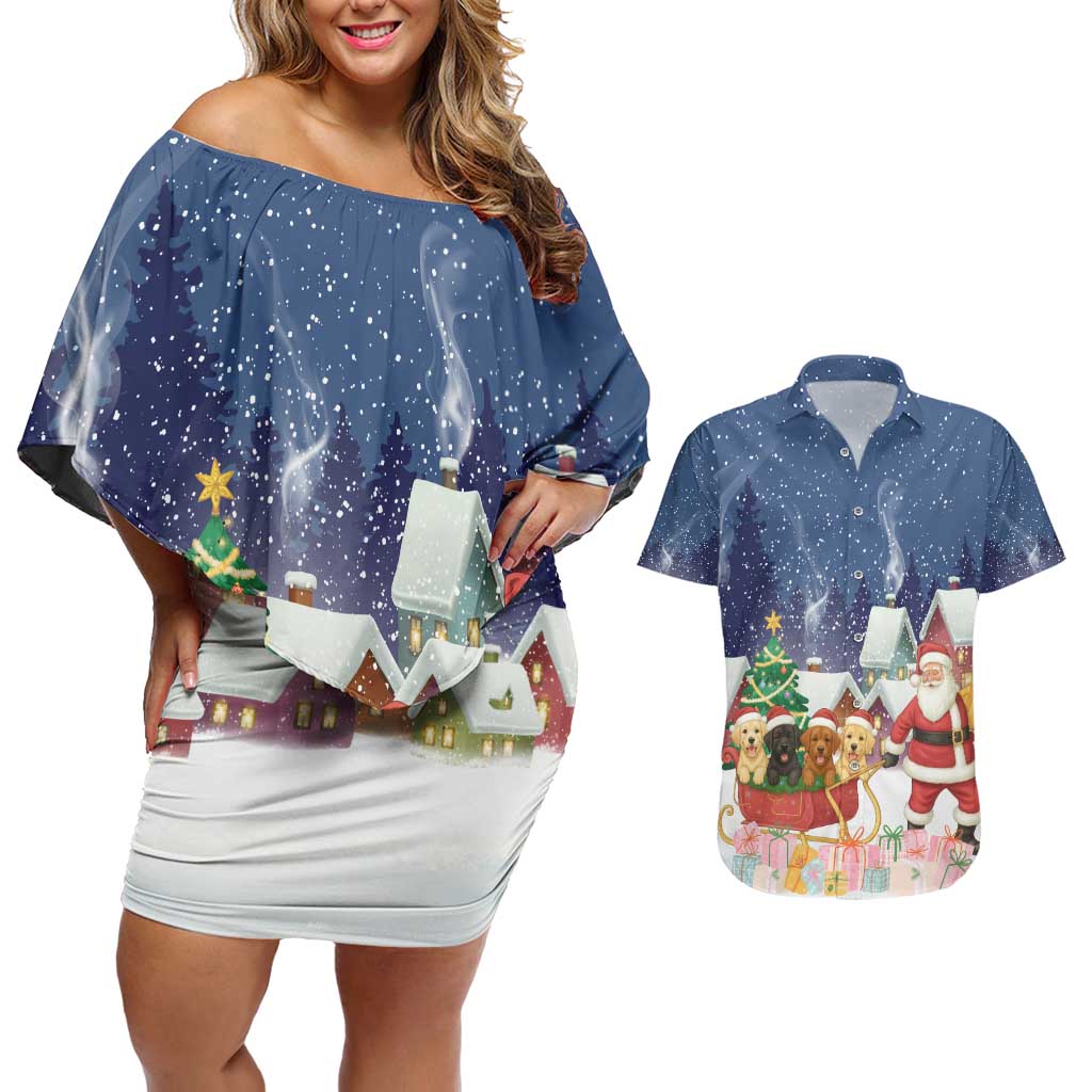 Labrador Retriever Santa Sled Christmas Couples Matching Off Shoulder Short Dress and Hawaiian Shirt Funny Xmas Holiday Patterns - Wonder Print Shop