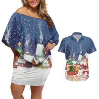 Labrador Retriever Santa Sled Christmas Couples Matching Off Shoulder Short Dress and Hawaiian Shirt Funny Xmas Holiday Patterns - Wonder Print Shop