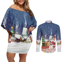 Labrador Retriever Santa Sled Christmas Couples Matching Off Shoulder Short Dress and Long Sleeve Button Shirt Funny Xmas Holiday Patterns - Wonder Print Shop