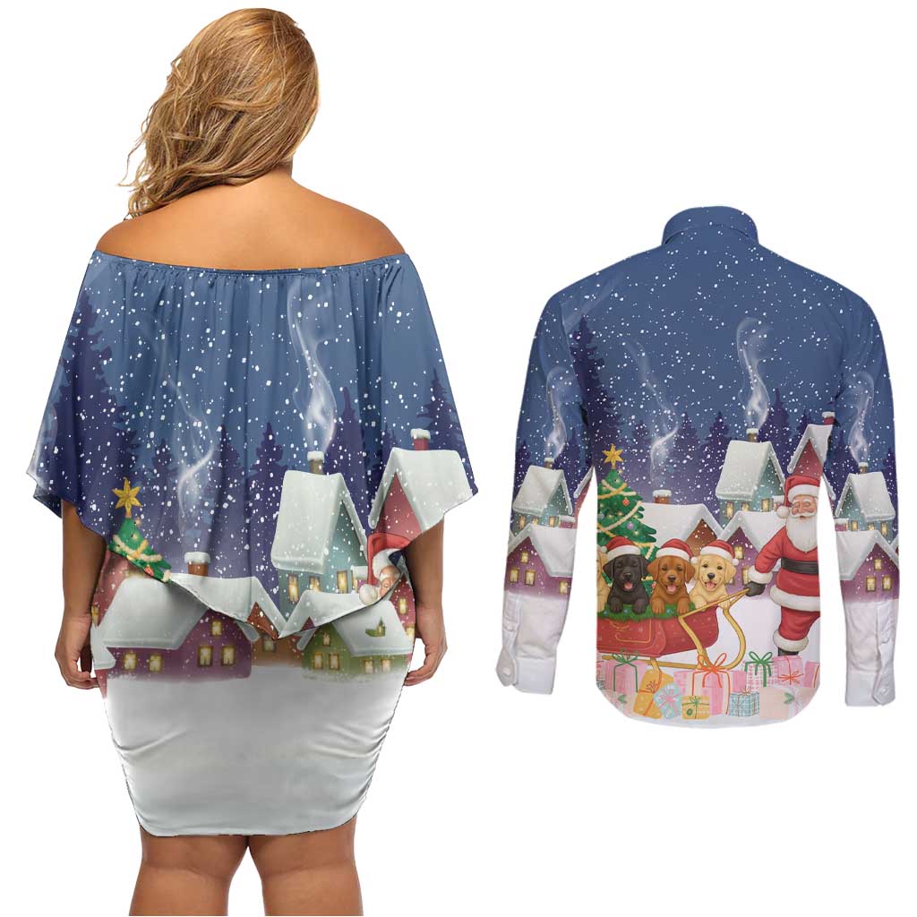 Labrador Retriever Santa Sled Christmas Couples Matching Off Shoulder Short Dress and Long Sleeve Button Shirt Funny Xmas Holiday Patterns - Wonder Print Shop