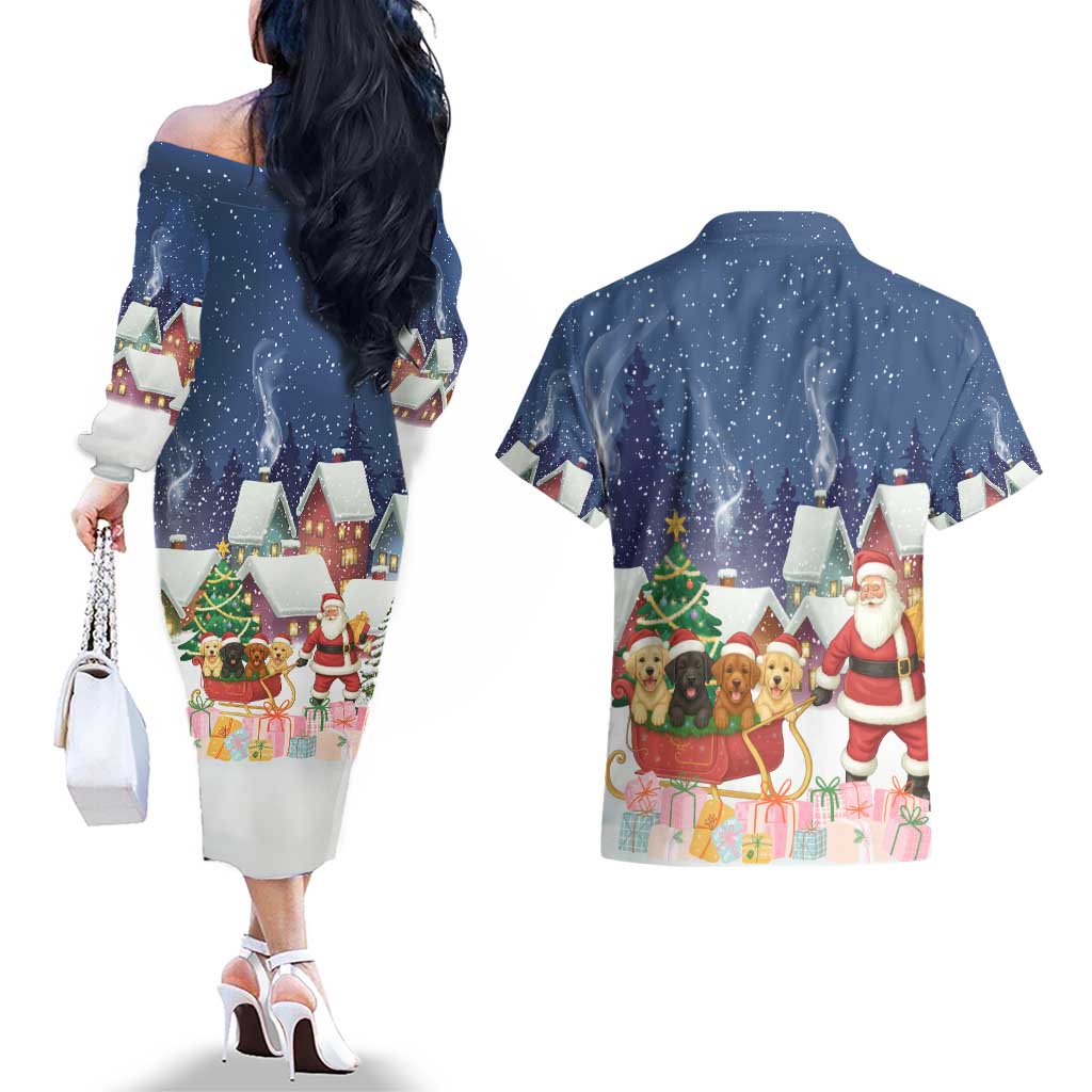 Labrador Retriever Santa Sled Christmas Couples Matching Off The Shoulder Long Sleeve Dress and Hawaiian Shirt Funny Xmas Holiday Patterns - Wonder Print Shop