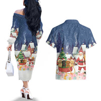 Labrador Retriever Santa Sled Christmas Couples Matching Off The Shoulder Long Sleeve Dress and Hawaiian Shirt Funny Xmas Holiday Patterns - Wonder Print Shop