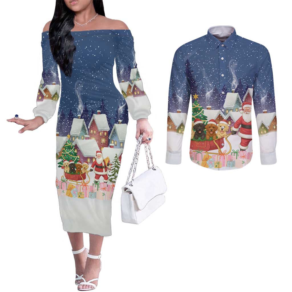 Labrador Retriever Santa Sled Christmas Couples Matching Off The Shoulder Long Sleeve Dress and Long Sleeve Button Shirt Funny Xmas Holiday Patterns - Wonder Print Shop