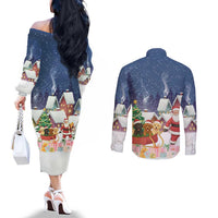 Labrador Retriever Santa Sled Christmas Couples Matching Off The Shoulder Long Sleeve Dress and Long Sleeve Button Shirt Funny Xmas Holiday Patterns - Wonder Print Shop