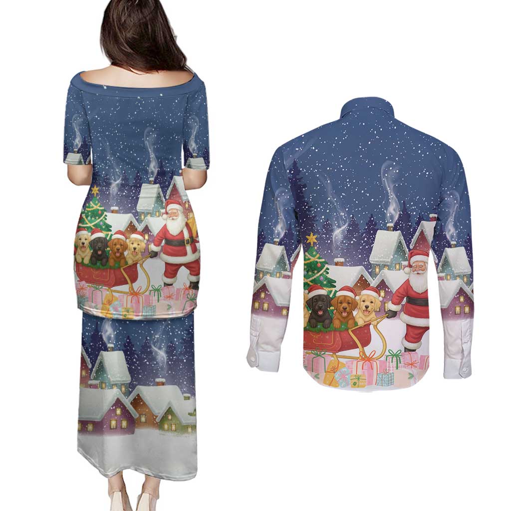 Labrador Retriever Santa Sled Christmas Couples Matching Puletasi and Long Sleeve Button Shirt Funny Xmas Holiday Patterns - Wonder Print Shop