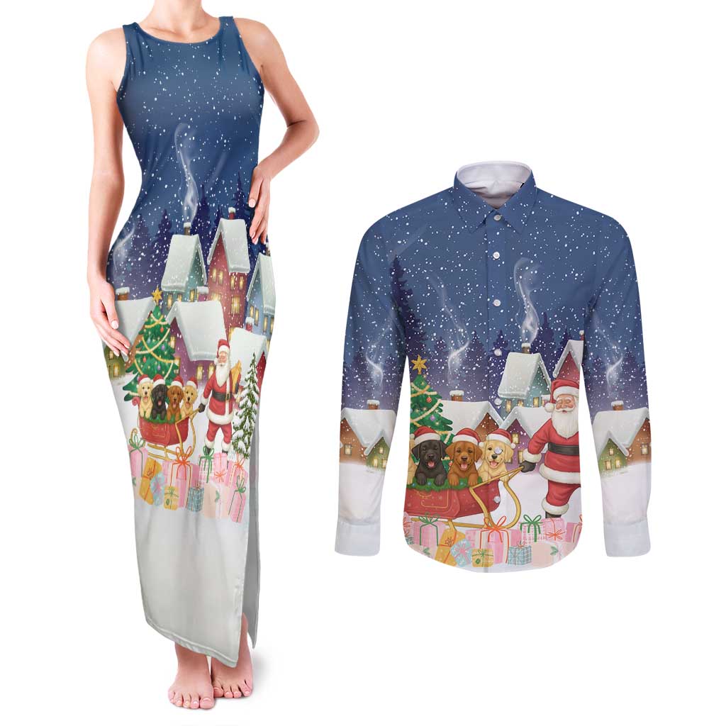 Labrador Retriever Santa Sled Christmas Couples Matching Tank Maxi Dress and Long Sleeve Button Shirt Funny Xmas Holiday Patterns - Wonder Print Shop