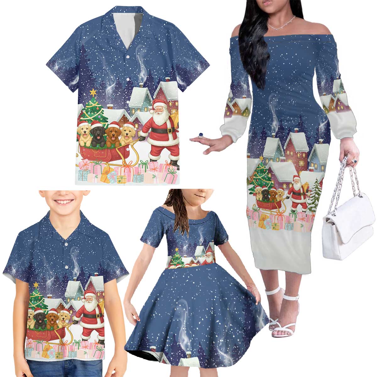 Labrador Retriever Santa Sled Christmas Family Matching Off The Shoulder Long Sleeve Dress and Hawaiian Shirt Funny Xmas Holiday Patterns - Wonder Print Shop