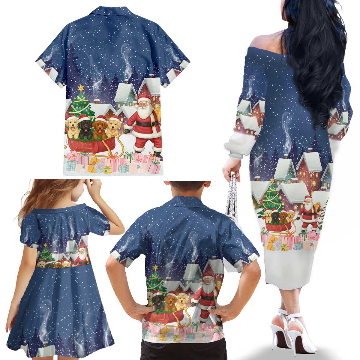 Labrador Retriever Santa Sled Christmas Family Matching Off The Shoulder Long Sleeve Dress and Hawaiian Shirt Funny Xmas Holiday Patterns - Wonder Print Shop
