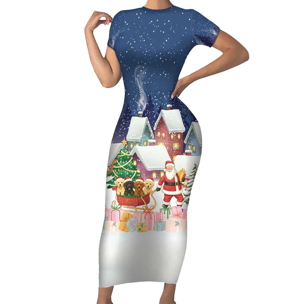 Labrador Retriever Santa Sled Christmas Family Matching Short Sleeve Bodycon Dress and Hawaiian Shirt Funny Xmas Holiday Patterns - Wonder Print Shop