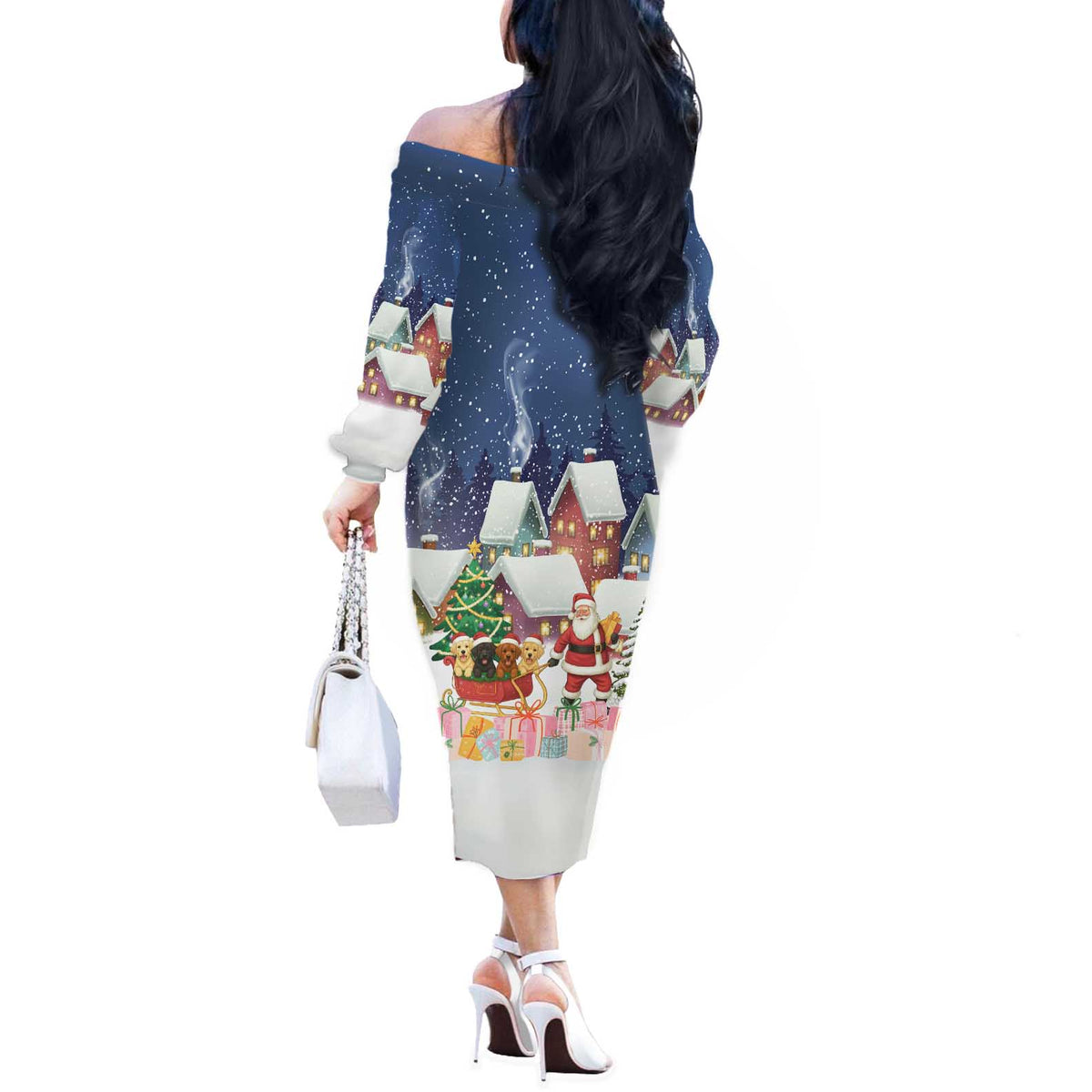 Labrador Retriever Santa Sled Christmas Off The Shoulder Long Sleeve Dress Funny Xmas Holiday Patterns - Wonder Print Shop