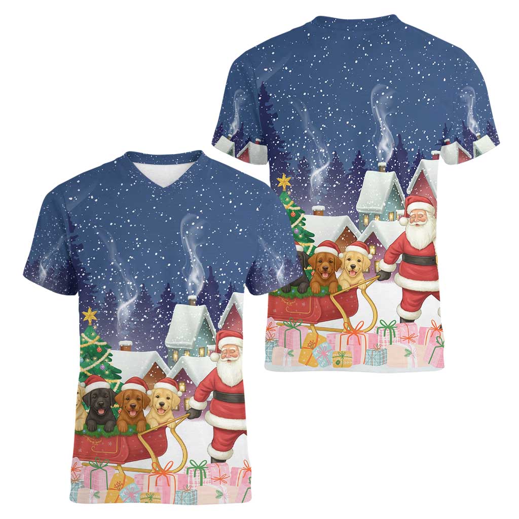 Labrador Retriever Santa Sled Christmas Women V-Neck T-Shirt Funny Xmas Holiday Patterns - Wonder Print Shop