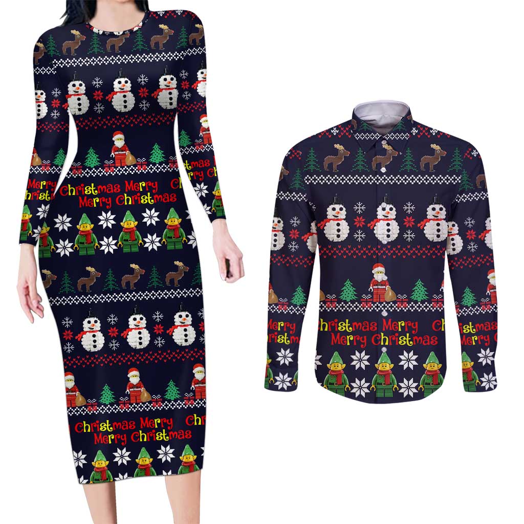 Lego Awesome Christmas Couples Matching Long Sleeve Bodycon Dress and Long Sleeve Button Shirt Funny Xmas Holiday Patterns - Wonder Print Shop